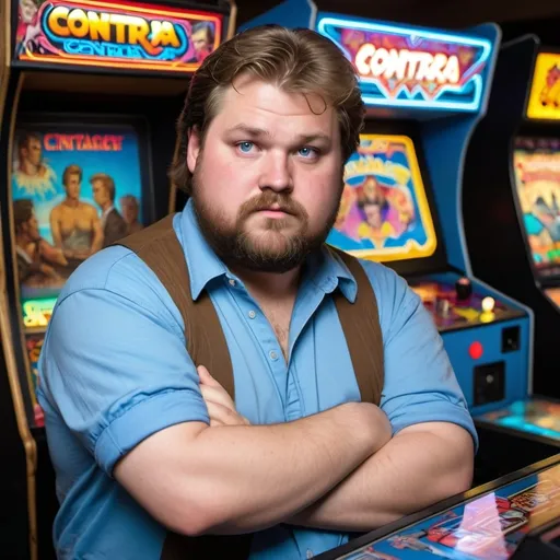 Prompt: a chubby white guy in mid 30s with a beard dark blond hair and blue eyes, playing Contra in an 80s arcade surrounded by old Politicans