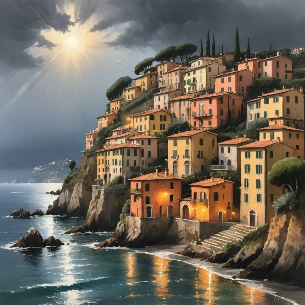 Prompt: Create a brush stroke painting of Italy homes off the coast with the sun barely lit and the sky pouring out rain