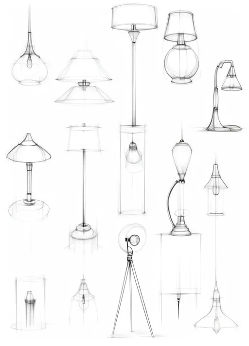 Prompt: product design sketches of lamps with manga style and transparent background sharp visible black lines