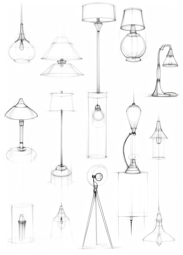 Prompt: product design sketches of lamps with manga style and transparent background sharp visible black lines