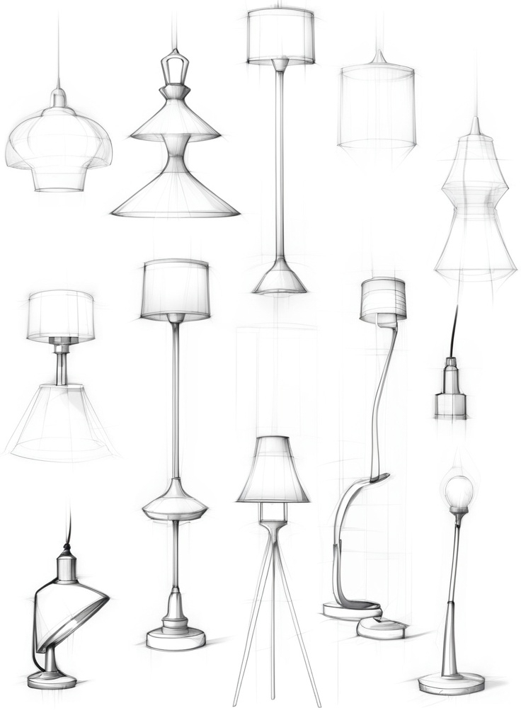 Prompt: product design sketches of lamps with manga style and transparent background sharp visible black lines