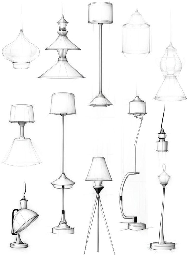 Prompt: product design sketches of lamps with manga style and transparent background sharp visible black lines