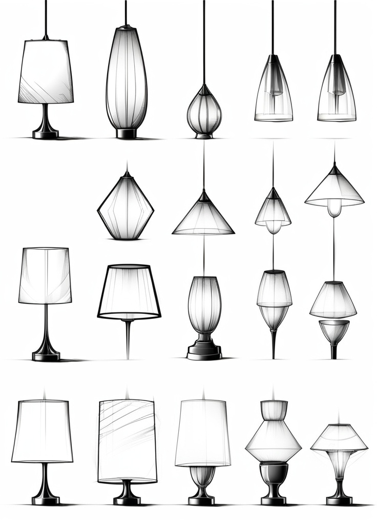 Prompt: product design sketches of lamps with manga style and transparent background sharp visible black lines