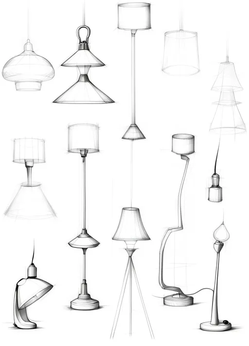 Prompt: product design sketches of lamps with manga style and transparent background sharp visible black lines