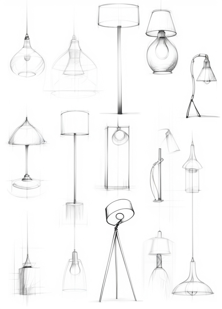 Prompt: product design sketches of lamps with manga style and transparent background sharp visible black lines