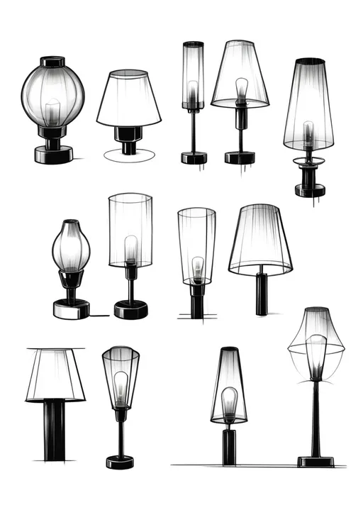 Prompt: product design sketches of lamps with manga style and transparent background sharp visible black lines