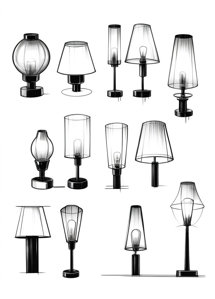 Prompt: product design sketches of lamps with manga style and transparent background sharp visible black lines