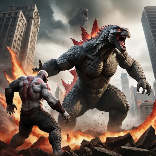 Prompt: Godzilla and Kratos in epic battle, digital illustration, destructed cityscape, cinematic quality, highres, action-packed, intense lighting, dynamic poses, powerful strikes, monstrous details, towering figures, apocalyptic setting, realistic textures, chaos and destruction, larger than life, dramatic contrast, epic showdown, dynamic composition