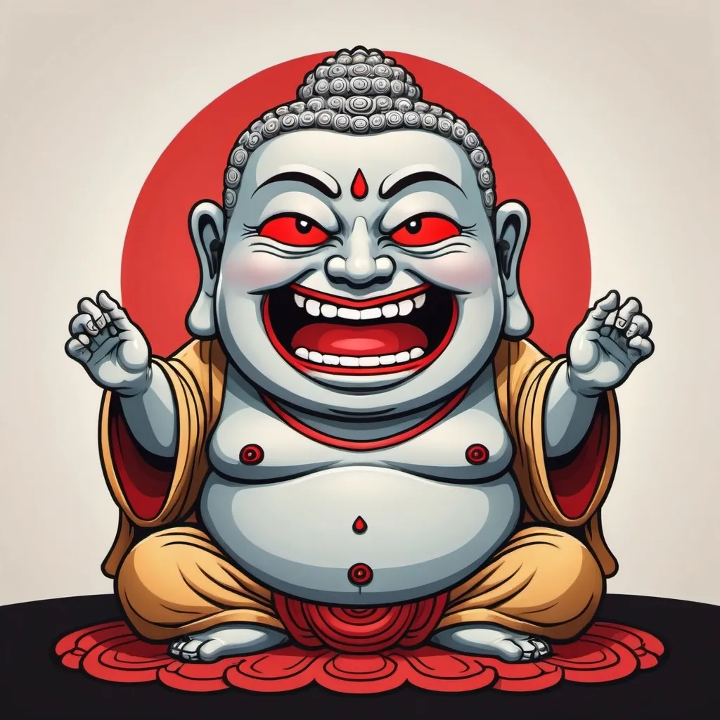 Prompt: A cartoon-style buddha has evil smile and red eyes.