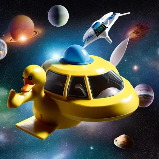 Prompt: in the centre. A large plastic duck attacking a spaceship amongst the stars