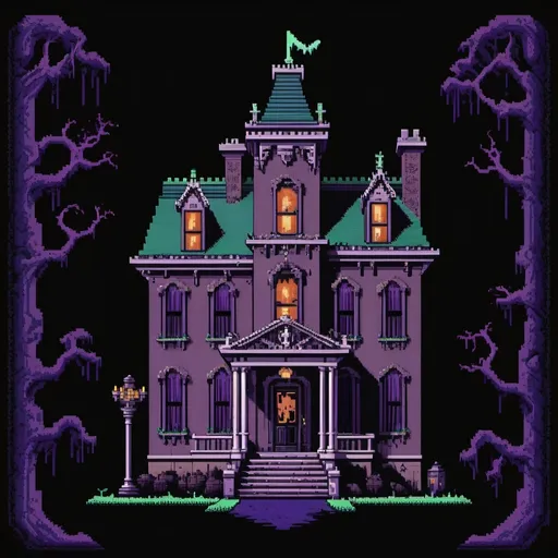 Prompt: 8-bit pixel art haunted mansion block design, dark and eerie, vintage style"