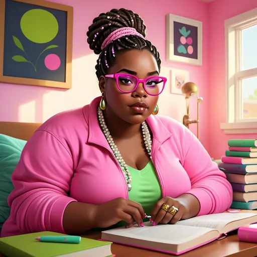 Prompt: A digital stylized illustration of a confident and stylish plus-size African-American woman with a chubby face and long braided wearing pink oval glasses,  She has a playful expression and is adorned with a pearl necklace.  She is sitting on her bed doing homework with books scattered around the room , but now wearing a loose-fit bright pink sweatshirt with lime green polka dot patterns The setting is a college dorm room with decor such as a ivy plant on the table, bunk bed with pink and green bedding, and a bright, cheerful background. Her nails are still perfectly manicured and painted a vibrant pink, complementing a college feel.
The colors remain rich, with crisp and clear details