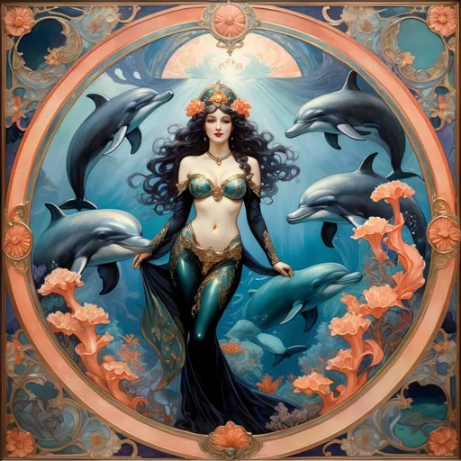 Prompt: alfons mucha style painting of a marine scene, gothic fully-dressed mermaid goddess with an iridescent mermaid tail wearing a black cloak in the center, two bottlenose dolphins swimming around her, vintage scuba diver in US Navy Mark IV suit with helmet being held captive in a cage made of octopus, coral reef scene below, stormy sky above