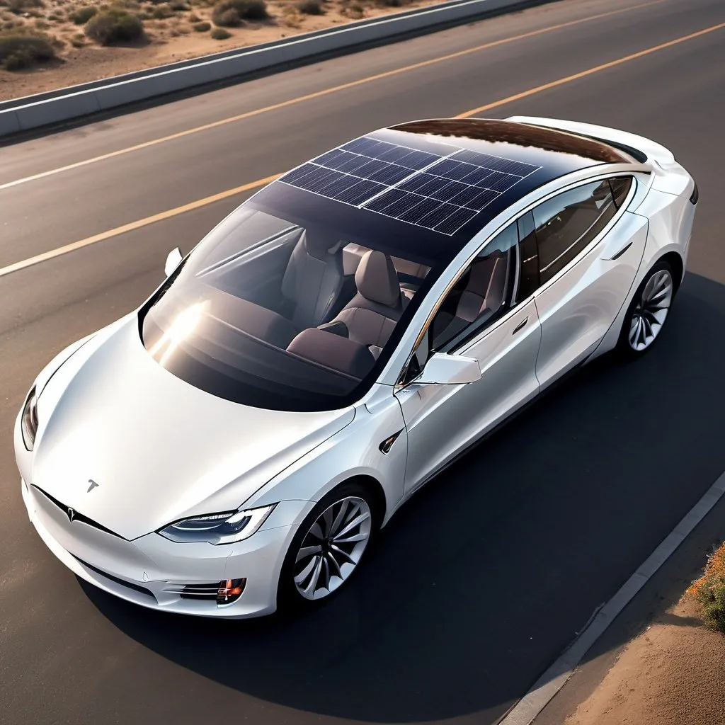 Prompt: Tesla car with seamlessly integrated solar panels, sleek design, futuristic look, high quality, detailed solar panels, electric vehicle, modern, seamless integration, cutting-edge technology, sleek and aerodynamic, renewable energy, sustainable transportation, high-res, ultra-detailed, futuristic, modern design, solar-powered, clean energy, professional, seamless, innovative engineering