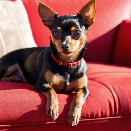 Prompt: A min pin Yorkie mix dog, laying on a red couch, basking in the sunlight. 
