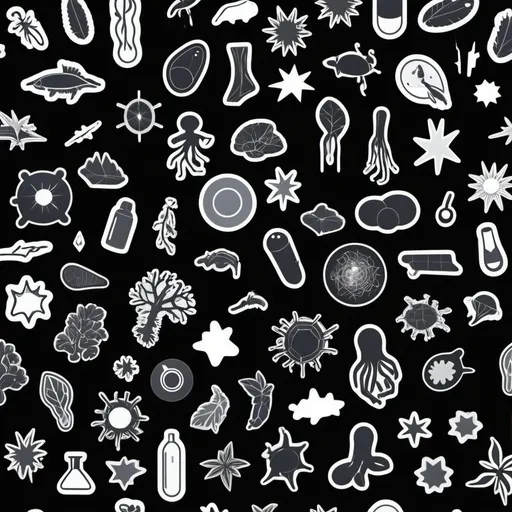 Prompt: black background with a lot of biological stickers on it the stickers are gray and glowing like led and stickers are more realistic 