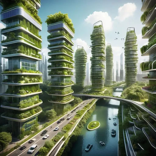 Prompt: A futuristic eco-friendly city, designed with advanced ecological principles, featuring lush green vertical gardens on skyscrapers, solar panels on rooftops, clean waterways with smart urban infrastructure, and sustainable transportation like electric vehicles and bike lanes. The city is vibrant, futuristic, and emphasizes harmony between nature and technology. The image is bright, inviting, and professionally composed in a portrait layout, ideal for Instagram.”