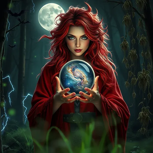 Prompt: Photorealistic, 4k 3D, global light, ultra clear high detailed Image of a well-equipped beautiful modern  covered sorceress with open red wild mess hair with highlights, smooth pose, she holds imploringly a fist-sized sphere of glass in both hands that contains a mini Galaxy, Moon is shining and Milky Way and stars in the sky, nightly mystery fantastic forest, green glowing wisps of fog at bottom with small lightnings surrounded by slightly glowing auras, Some climbing florescent plants in the background, some hemp plants embedded from artfully arranged hanging spider webs, some bats flying at background,