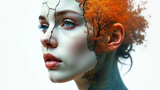 Prompt: Create a hyper-realistic double exposure image of a face composed of peeling strips of ripped paper layers. Each layer reveals a different season, juxtaposed within the face to create a striking visual effect. The cracked and peeling paper layers should intricately overlap, showcasing the changing seasons—spring, summer, autumn, and winter—within the contours of the face. The composition should highlight the seamless transition between the layers, emphasizing the texture of the paper and the vivid portrayal of each season's unique characteristics. The overall effect should be a mesmerizing blend of natural elements and human form, capturing the essence of the cycle of life and time.