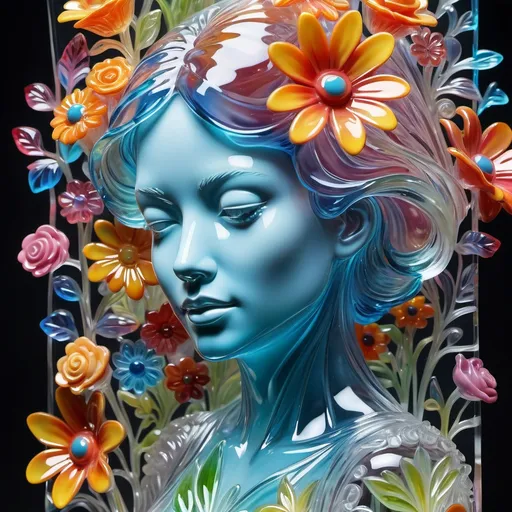 Prompt: A detailed and vibrant transparent glass sculpture of a woman with flowers, intricate details, surreal, colorful background