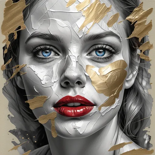 Prompt: Beautifully expressive face of a woman, close-up, abstract scrapbooking, greyscale pencil sketch with golden gilded impasto texture splatter, impasto craquelure effect, reflection, silk, realistic blue eyes, beautifully peeling red lips, crinkled paper.