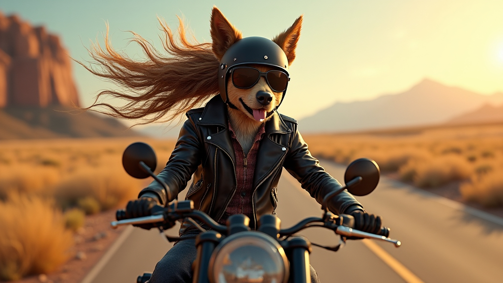 Prompt: Hyperraelistic comic image, 3d, 4k, an anthropomorphic dog with long fur rides like a biker with helmet and leather outfit chilling on a modern Harley-Davidson through the prairie on a lonely stretch of road, wind blowing through the fur, ears, tongue and fur are blown backwards by the wind, drives through the Grand Canyon, rocker, typical representation, style Easy Rider, rocker outfit, like Schwarzenegger in Terminator, close-up, heavy metal style, background scurries past, sunset mood, global light