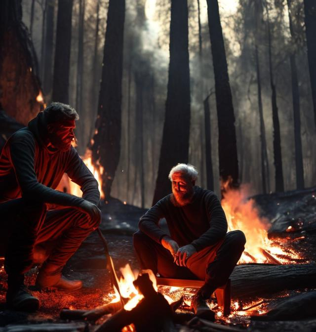 Prompt: Lonely Man od  sitting in forest  next to fire. Big mosse is looking at the Man behind three