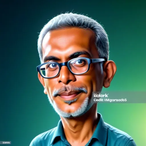 Prompt: Realistic 4D caricature of Indonesian man aged  50 years old, white hair, wearing glasses, wearing shirt blue color, standing in green gradient background