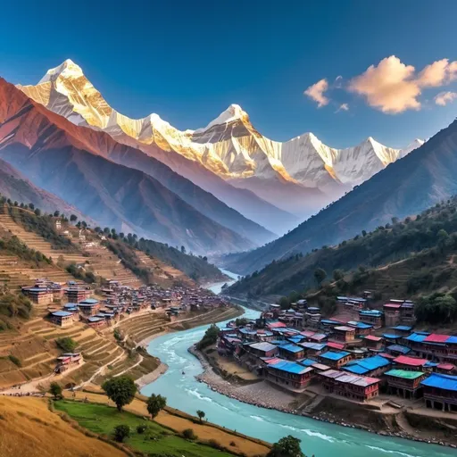 Prompt: (Nepal landscape), breathtaking mountains, lush green valleys, traditional villages, serene rivers, (majestic Himalayas), brightly colored prayer flags, rich cultural heritage, warm and inviting atmosphere, (clear blue sky), soft sunlight bathing the scenery, (HD), stunning detail, nature’s tranquility, (vibrant colors), beautiful sunrise over the peaks.