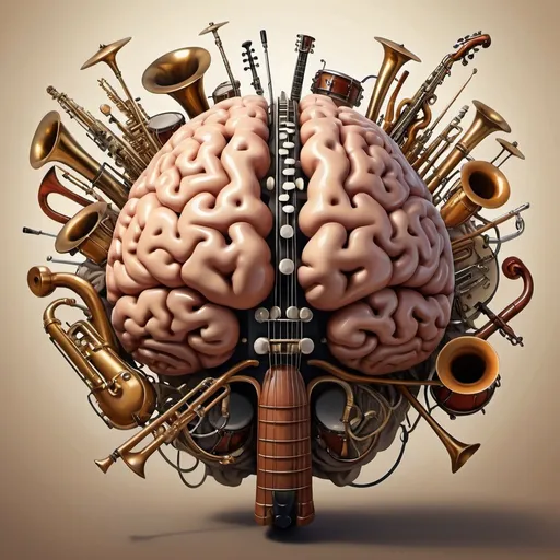 Prompt: Epic illustration of a brain made up of Musical Instruments, realistic painting, intricate details, high quality, symphonic style, warm hues and dramatic lighting, grand, detailed instruments, professional artwork, realistic details, classical music, artistic, intricate composition, dramatic shadows, highres, ultra-detailed, realistic, symphonic, dramatic lighting, musical instruments