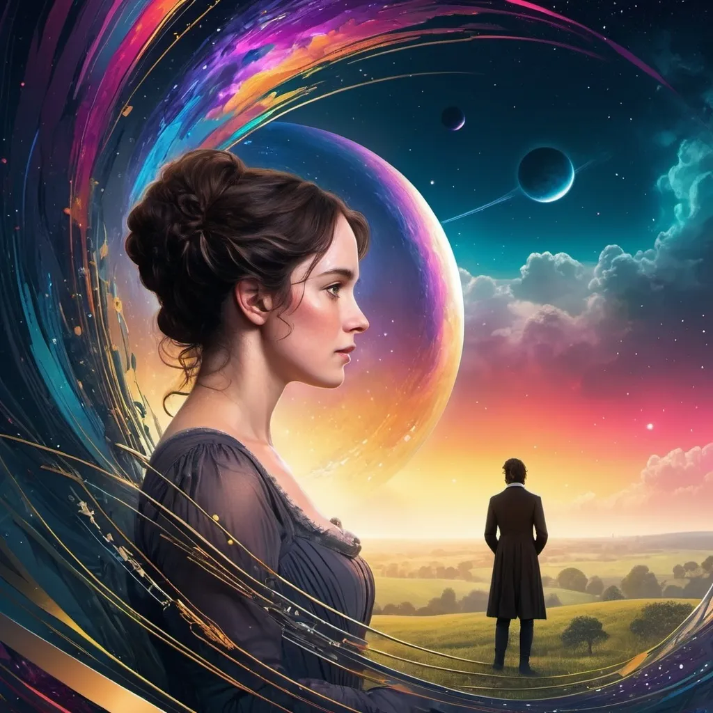 Prompt: PRIDE AND PREJUDICE BOOK COVER BUT MAKE IT SCIENCE FICTION