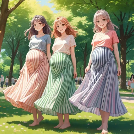 Prompt: Many pregnant anime girls wearing maxi long vertical striped skirts. 