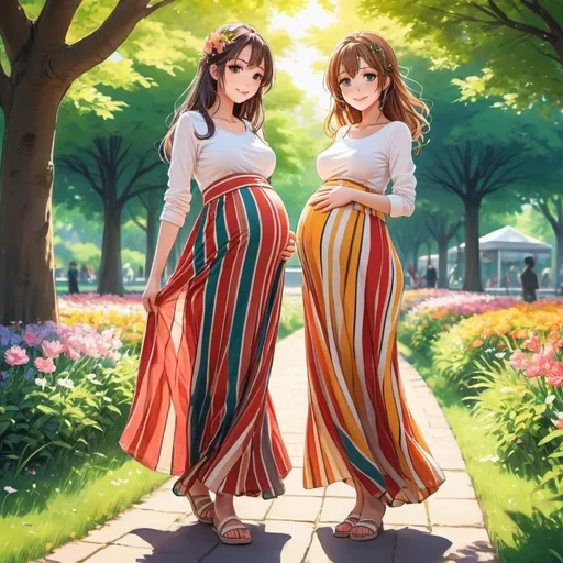 Prompt: Pregnant anime girls wearing maxi long vertical striped skirts. 