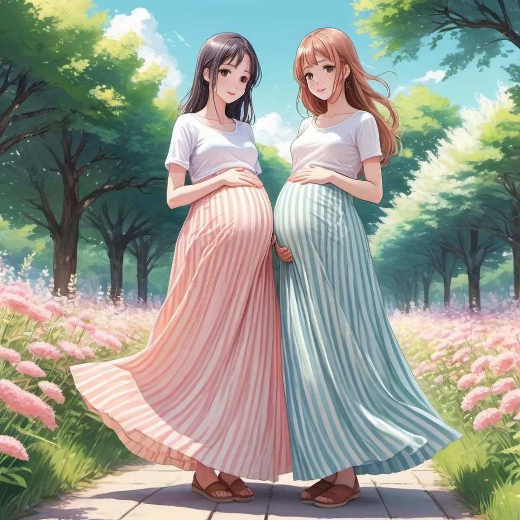 Prompt: Pregnant anime girls wearing maxi long vertical striped skirts. 