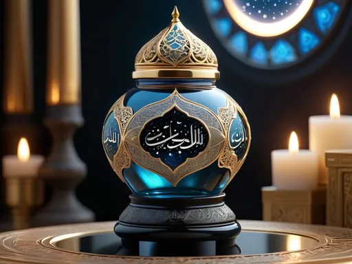Prompt: An ultra-luxury Islamic crystal jar handcrafted with intricate silver filigree and subtle platinum inlays, resting on a polished black obsidian pedestal with a mirror-like reflection. The jar emits ethereal blue-gold light beams that swirl gracefully into the air. As the light rises, luminous Arabic calligraphy forms in floating particles of gold dust, creating the words of dhikr. A star-filled sky with a bright crescent moon glows behind, with soft cosmic light rays cascading into the scene. Premium cinematic camera movement, ultra-realistic 8K detail, high-end lighting, soft haze, rich contrast, celestial yet elegant atmosphere, refined and majestic aesthetic, slow-motion shimmer, immersive and sacred ambiance.