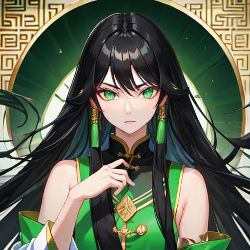 Prompt: black hair, long hair, Emerald eyes, chinese clothers, cold face
