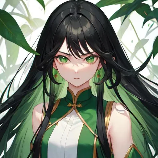 Prompt: black hair, green clothers, long hair, Emerald eyes, chinese clothers, cold face
