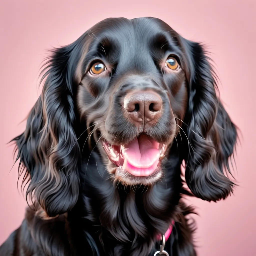 Prompt: A photo realistic image of a black sprocker spaniel with fluffy floppy ears with a happy expression and a pink tongue 