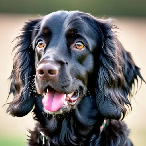 Prompt: A photo realistic image of a black sprocker spaniel with fluffy floppy ears with a happy expression and a pink tongue 