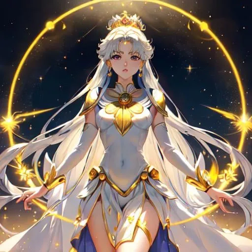 Prompt: full bpdy ancient queen Eternal Sailor Moon in her final ultimate godlike shape, illuminated by a soft silvery light, intricate outfit with gold and silver trim, her perfect figure radiating holy energy, solar system in the background, she stands with a determined air, her gaze unwavering, godly, beautiful detailed eyes glowing with infinite power, absolutely astonishing, razor-sharp focus, cosmic, mesmerizing, (masterpiece), volumetric lighting, light beams, UHD, 16k, HDR, ((((best quality)))), ((((extreme details))))