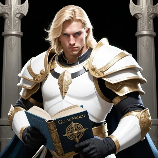 Prompt: A buff blonde hair blue eye paladin that is wearing white armor and a black tie over top the armor. He has a glaive in one hand and the book of mormon in the other. 