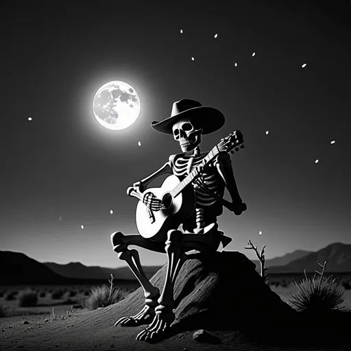 Prompt: cowboy skeleton playing guitar in the far distance at midnight in black and white