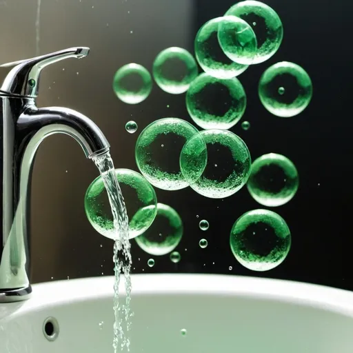 Prompt: green bubbles with water falling while hand washing
