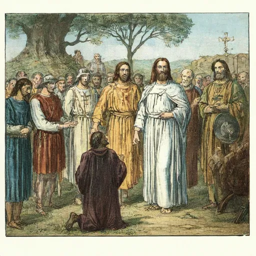 Prompt: "Jesus, in his spiritual form, hovered above a hill, preaching to a crowd. Citizens, priests, and Roman soldiers stood around him—some fearful, others filled with guilt."