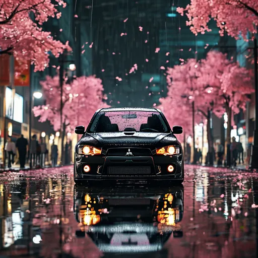 Prompt: A black Mitsubishi Lancer Evo X is parked in the middle of a wet road, its reflection shimmering in the water. The scene is set in a bustling city in Japan, with people walking along the sidewalks. On both sides of the road, trees with pink blossoms line the street, their petals gently falling to the ground, creating a serene contrast to the vibrant city atmosphere.