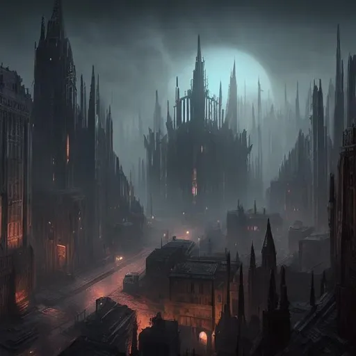 Prompt: dark dystopian gothic city in science fiction