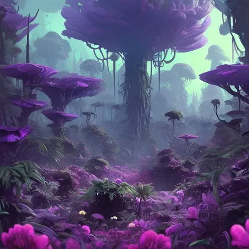 Prompt: dark Alien jungle planet with purple flowers and  mysterious growth