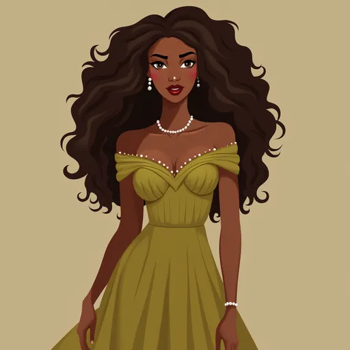 Prompt: 2D Flat Art. A woman with chestnut brown skin, mahogany voluminous curls wrapping around the edges of her face. She is wearing a long golden green dress with an off-the shoulder neckline that stops at the ankles. Her hair is ordained in pearls. 