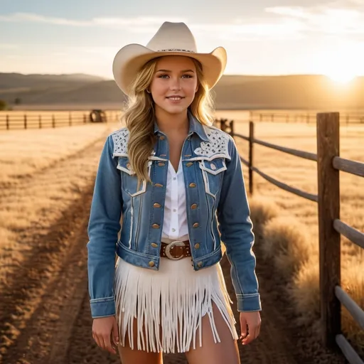 Prompt: Pretty teenage rodeo girl, wearing a (blue denim jacket with white fringe detail), (chambray shirt), (brown suede fringed skirt), (white cowboy boots), (cowboy hat), holding a lasso, warm light, photorealistic, professional photo, high-res, detailed textures, crisp focus, warm and inviting atmosphere, golden hour lighting, ranch background with fencing and open fields, vibrant colors, 4K, ultra-detailed.