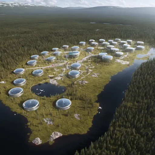 Prompt: Lapland 2050, global warming, wild nature, tourist center, a lot of people